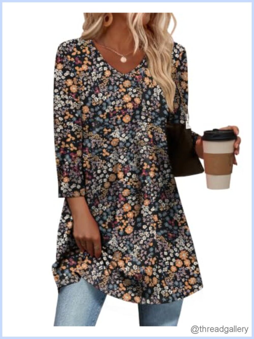 Women's 3/4 Sleeve V-Neck Tunic Top Plus Size Casual Flowy Fit